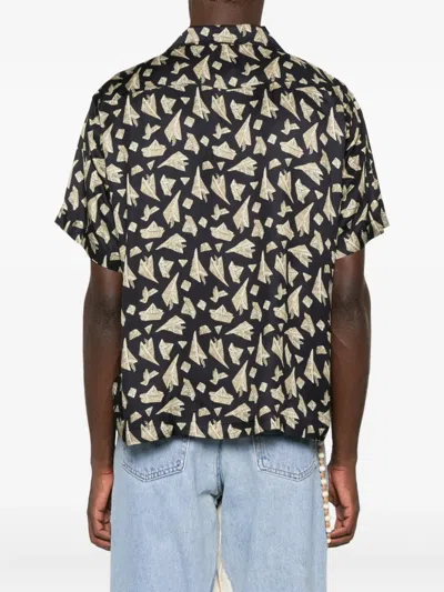 Bode Paper Hat Camp-collar Printed Satin Shirt In Black