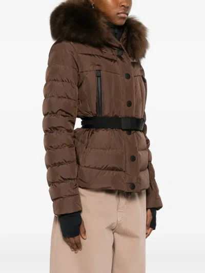 Moncler Belted Puffer Jacket In Brown