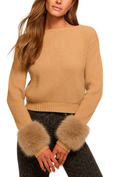 Ramy Brook Lisa Open Back Faux Fur Trim Sweater In Brown
