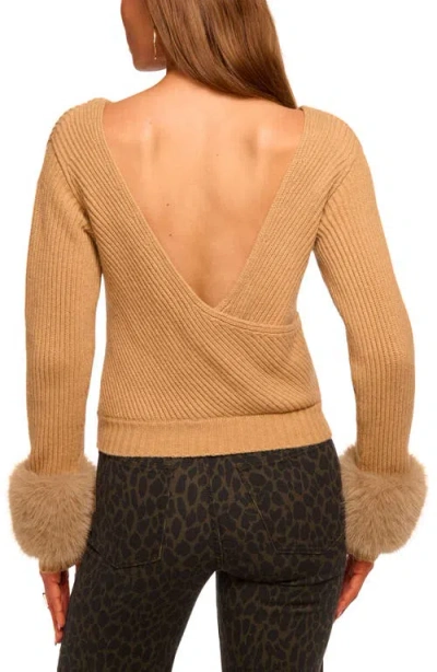 Ramy Brook Lisa Open Back Faux Fur Trim Sweater In Brown