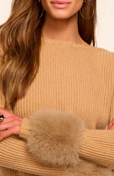 Ramy Brook Lisa Open Back Faux Fur Trim Sweater In Brown