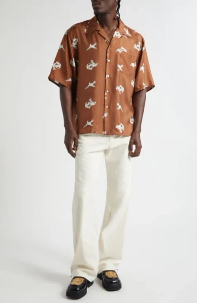 Marni Raven Print Silk Twill Bowling Shirt In Brown