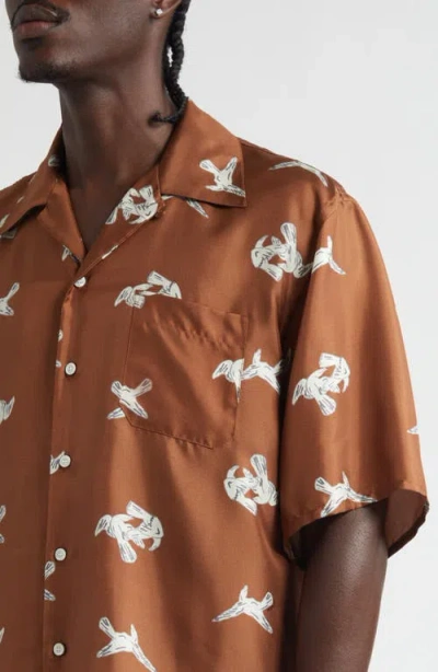 Marni Raven Print Silk Twill Bowling Shirt In Brown