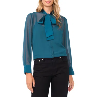Vince Camuto Pussybow Sheer Button-up Shirt In Blue