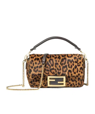 Fendi Mini Baguette Bag In Printed Ponyeffect Calfskin Leather In Brown