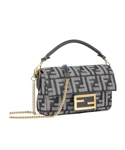 Fendi Baguette Mini Bag In Dark Blue Denim-effect Ff Women In Multi