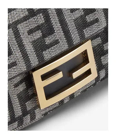 Fendi Baguette Mini Bag In Dark Blue Denim-effect Ff Women In Multi