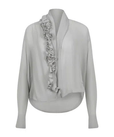 Alberta Ferretti Light Gray Ruffle Blouse With Deep V-neckline In White