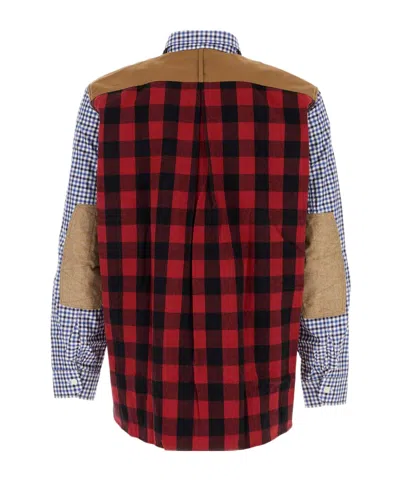 Junya Watanabe Cotton Shirt With Dual Pattern And Elbow Patches In Blue