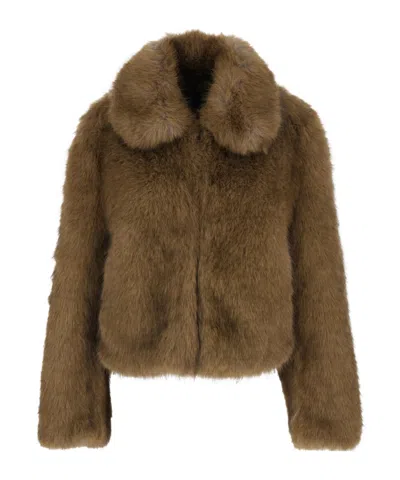 Msgm Beige Fur Jacket With Spread Collar And Front Concealed Closure In Ecofur Woman In Animal Print