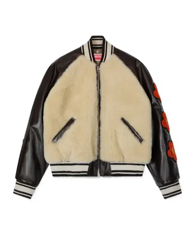 Kenzo Beige Shearling-effect And Brown Leather Bomber Jacket In Neutral