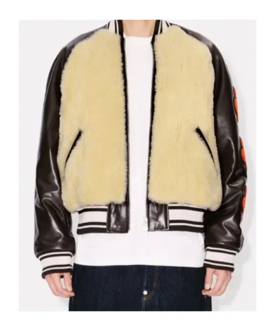 Kenzo Beige Shearling-effect And Brown Leather Bomber Jacket In Neutral