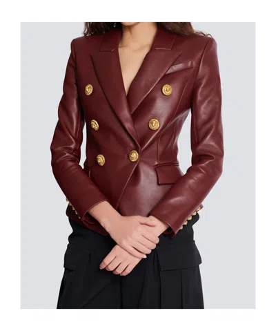 Balmain Double-breasted Lambskin Leather Blazer In Brown