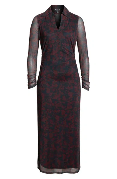Madewell Long Sleeve Polo Midi Dress Abstract Flora Dark Navy In Multi