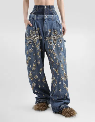 Dolce & Gabbana 5-pocket Embroidered Denim Jeans In Blue