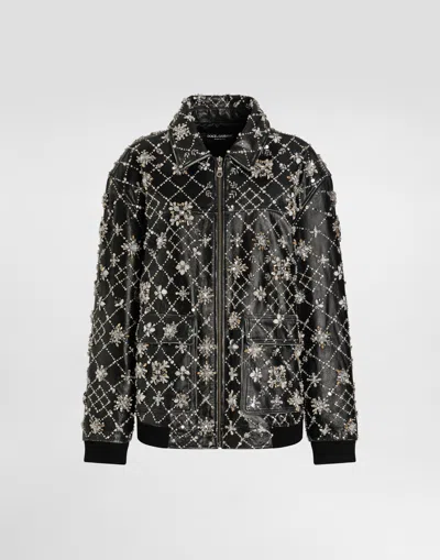 Dolce & Gabbana Vintage Leather Jacket With Embroidery In Black