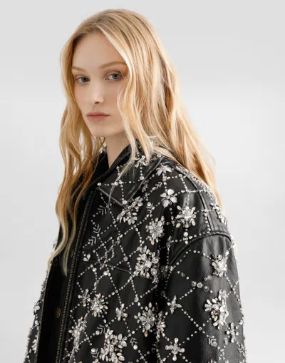 Dolce & Gabbana Vintage Leather Jacket With Embroidery In Black