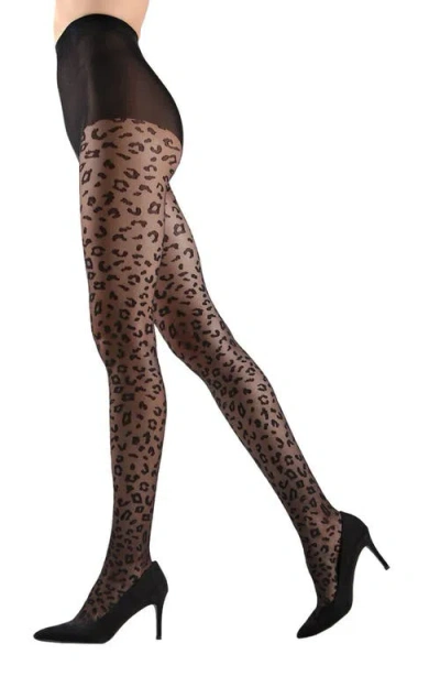 Memoi Women's Patterned Leopard Print Sheer Tights In Black