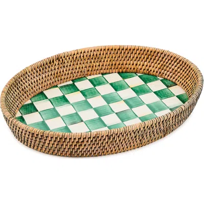 Mackenzie-childs Emerald Check Enamel And Rattan Large Tray In Green