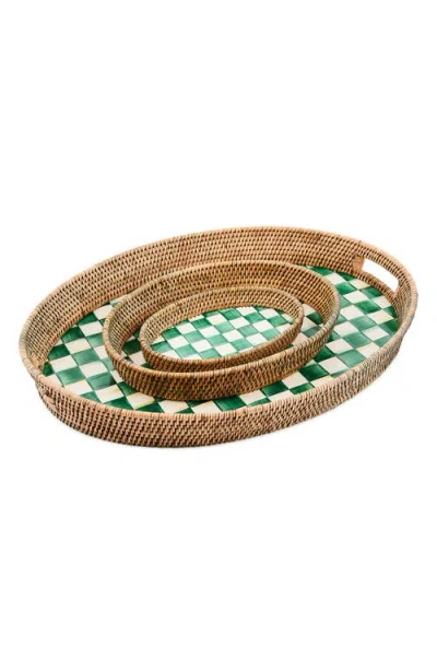 Mackenzie-childs Emerald Check Enamel And Rattan Large Tray In Green