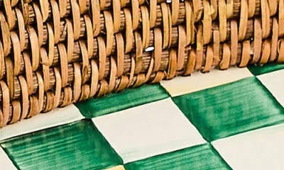 Mackenzie-childs Emerald Check Enamel And Rattan Large Tray In Green