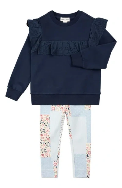 Miles The Label Ruffle Accent Cotton Sweatshirt & Patchwork Print Leggings Set In Multi