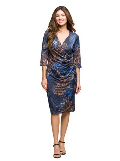 24seven Comfort Apparel Women's Three Quarter Sleeve Faux Wrap Dress In Blue