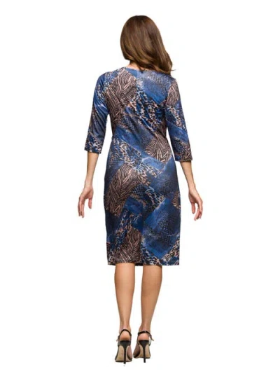 24seven Comfort Apparel Women's Three Quarter Sleeve Faux Wrap Dress In Blue