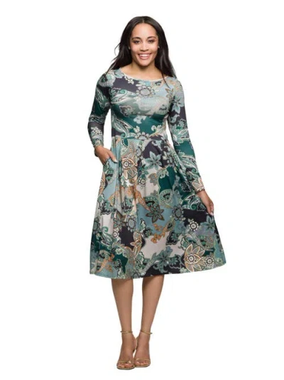 24seven Comfort Apparel Long Sleeve Midi Dress In Multi