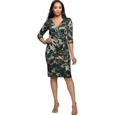 24seven Comfort Apparel Three Quarter Sleeve Faux Wrap Dress In Multi