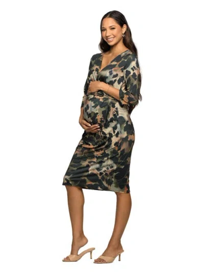 24seven Comfort Apparel Women's Maternity Three Quarter Sleeve Faux Wrap Dress In Multi