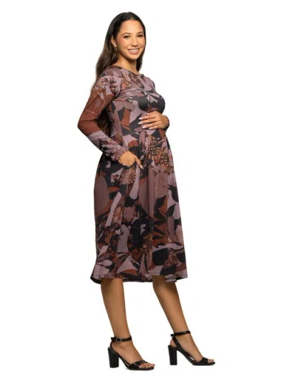 24seven Comfort Apparel Maternity Long Sleeve Midi Dress Brown Floral Print In Gray