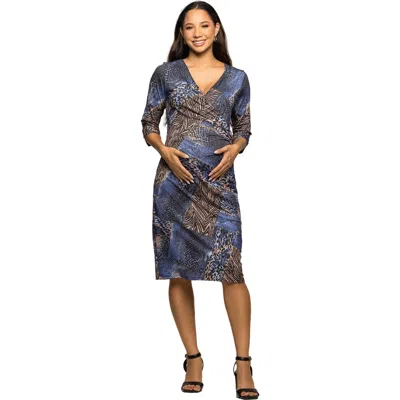 24seven Comfort Apparel Three Quarter Sleeve Faux Wrap Dress In Multi