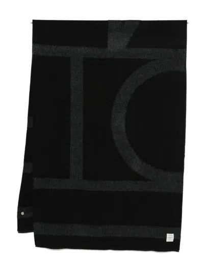 Totême Geometric Pattern Wool Scarf With Soft Texture In Black