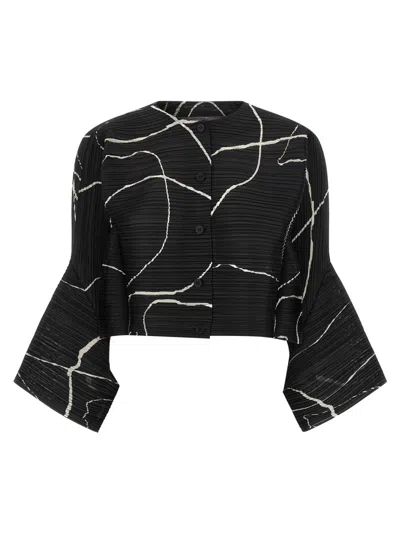 Issey Miyake Abstract Pattern Cropped Cardigan With Flared Sleeves In Black