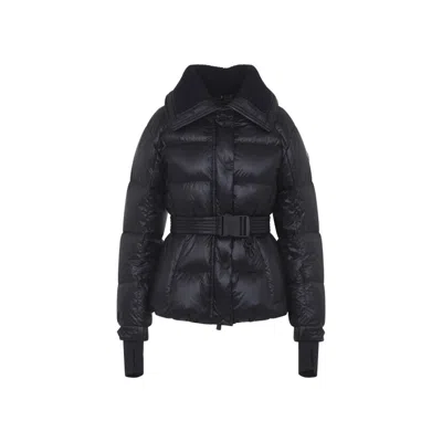 Moncler Puffer Jacket With Belted Waist And High Collar In Blue