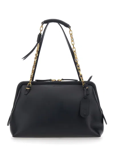 Etro Black Shoulder Bag With Chain-link Shoulder Strap And Tag With Embossed Logo On The Front In Leather In Black