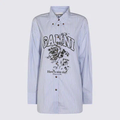 Ganni Striped Cotton Shirt With Print In Blue