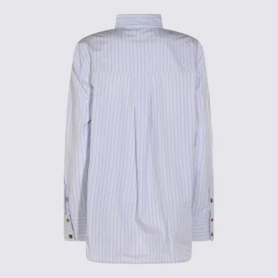 Ganni Striped Cotton Shirt With Print In Blue