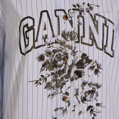 Ganni Striped Cotton Shirt With Print In Blue