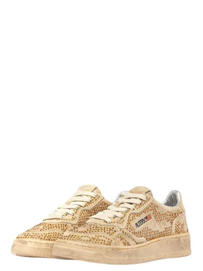 Autry Medalist Low Sneakers In Bronze Suede With Crystal Micro Rhinestones In Brown