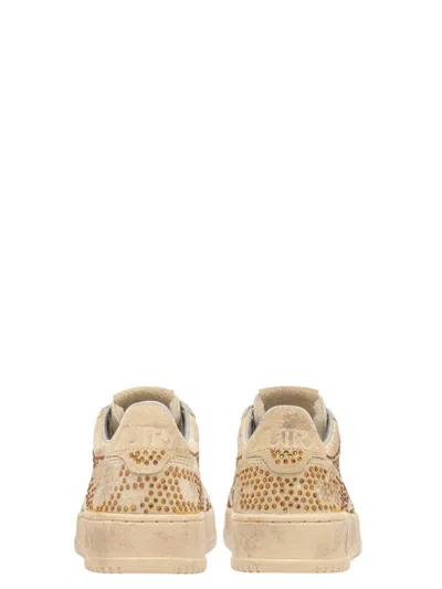 Autry Medalist Low Sneakers In Bronze Suede With Crystal Micro Rhinestones In Brown