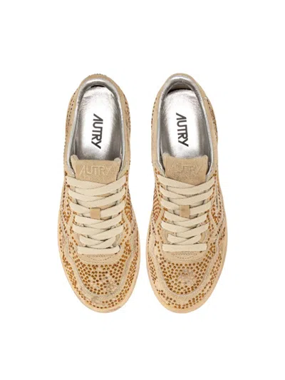 Autry Medalist Low Sneakers In Bronze Suede With Crystal Micro Rhinestones In Brown
