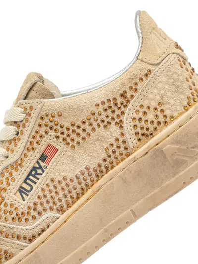 Autry Medalist Low Sneakers In Bronze Suede With Crystal Micro Rhinestones In Brown