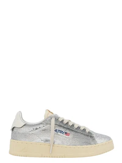 Autry Dallas Low Sparkling Sneakers In Silver And White Sequins Shoes In Gray