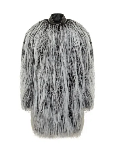 Sportmax Medium-long Faux Fur Coat With Leather-effect Collar In Black