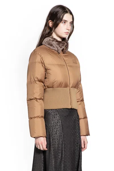 Fendi Short Padded Down Jacket With Shearling Collar Clothing In Brown
