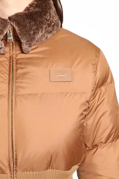Fendi Short Padded Down Jacket With Shearling Collar Clothing In Brown