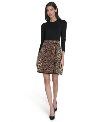 Eliza J Leopard Detail Long Sleeve Sweater Dress In Animal Print