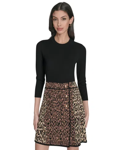 Eliza J Leopard Detail Long Sleeve Sweater Dress In Animal Print